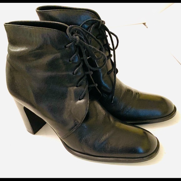 Shiny soft Black real Leather high ankle boots round toe tie-up laces Eu41 US 10 - Picture 1 of 14